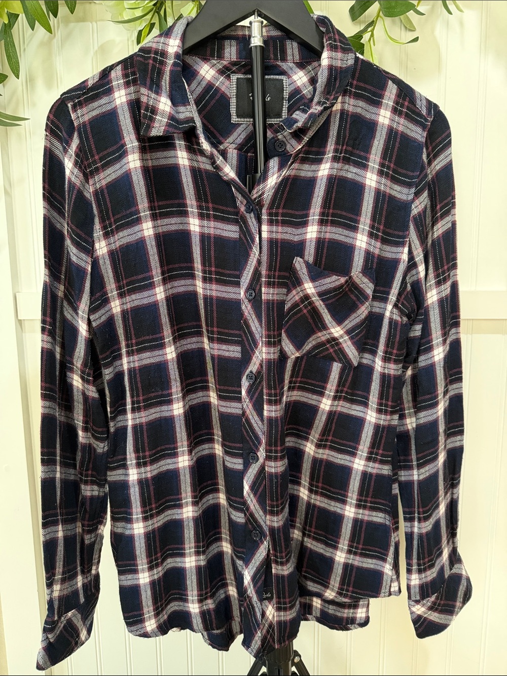 #953 RAILS Navy Plaid Button-Down Shirt with White and Raspberry Accents